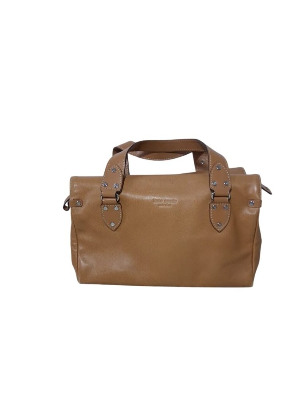 Kate Spade Leather Satchel Bag Camel Brown Studded Handles Striped Lining